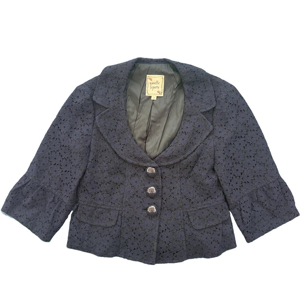 Nanette Lepore Navy Crochet Eyelet Blazer 3/4 Sleeve Size 0